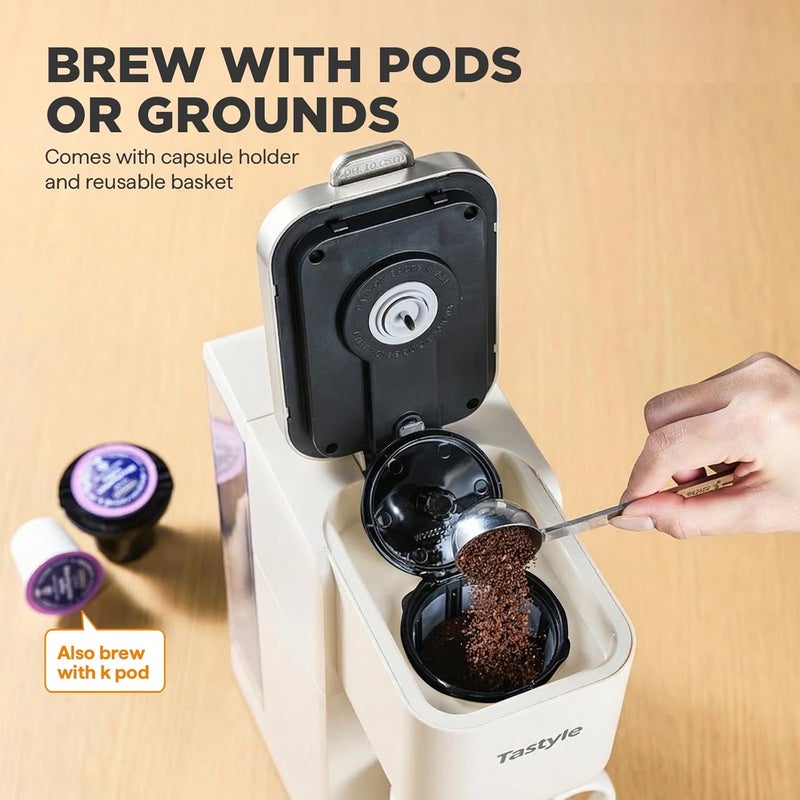 Tastyle Single Serve Coffee Maker, Iced and Hot Coffee Machine for K Cup & Grounds, Compact Design, 40oz Removable Water Reservoir, 6 to 24 Oz Brew Sizes, Fits 7.3" Travel Mug, Beige - Image 4